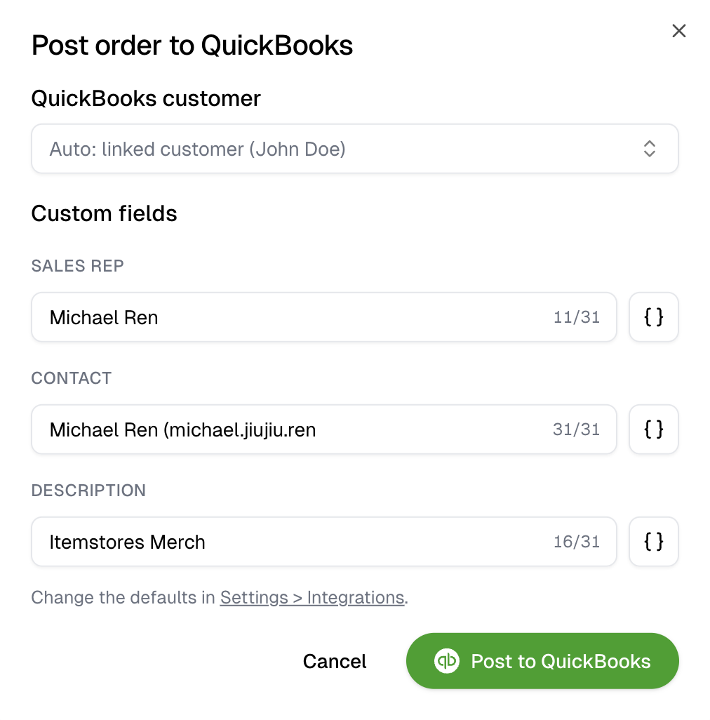The Post order to QuickBooks dialog with the QuickBooks customer on Auto and the order's custom field values