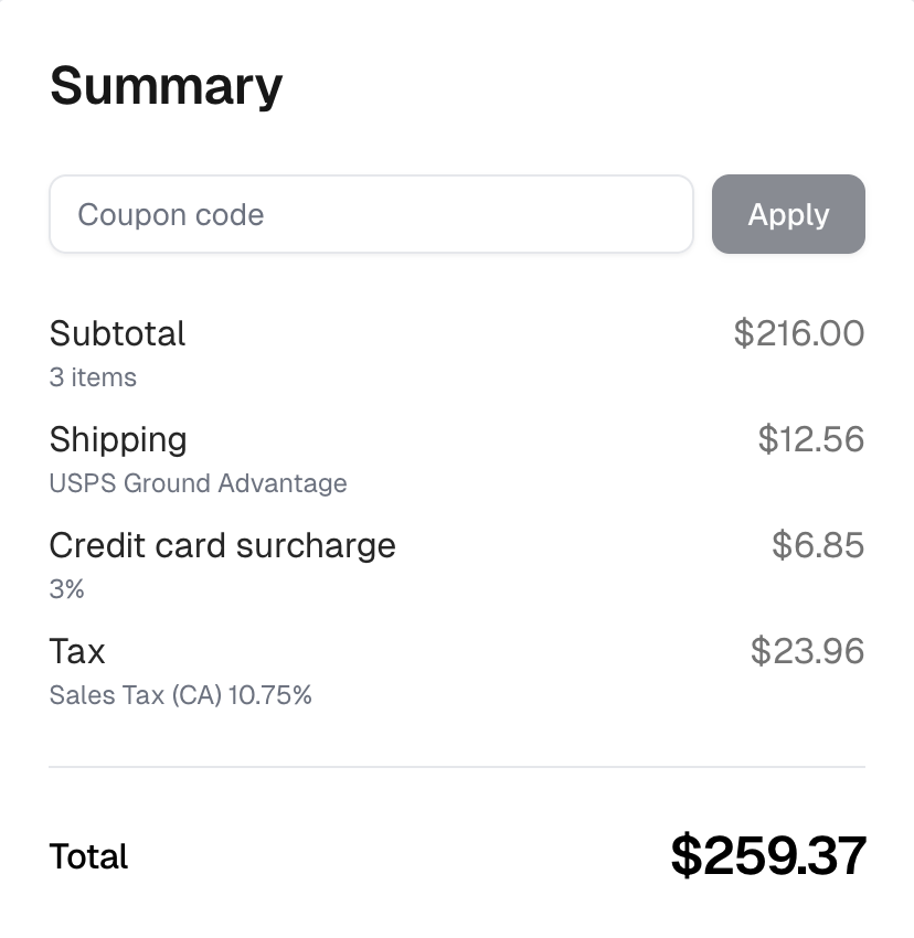 Storefront view: the checkout summary with a Credit card surcharge line at 3% above Tax