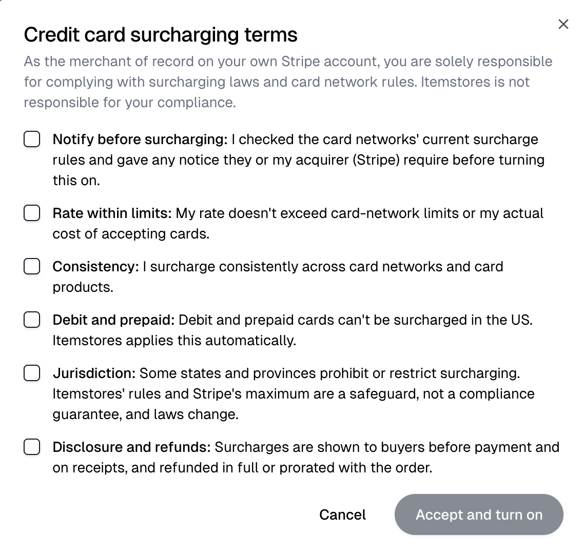 The Credit card surcharging terms dialog with its six checkboxes and the Accept and turn on button