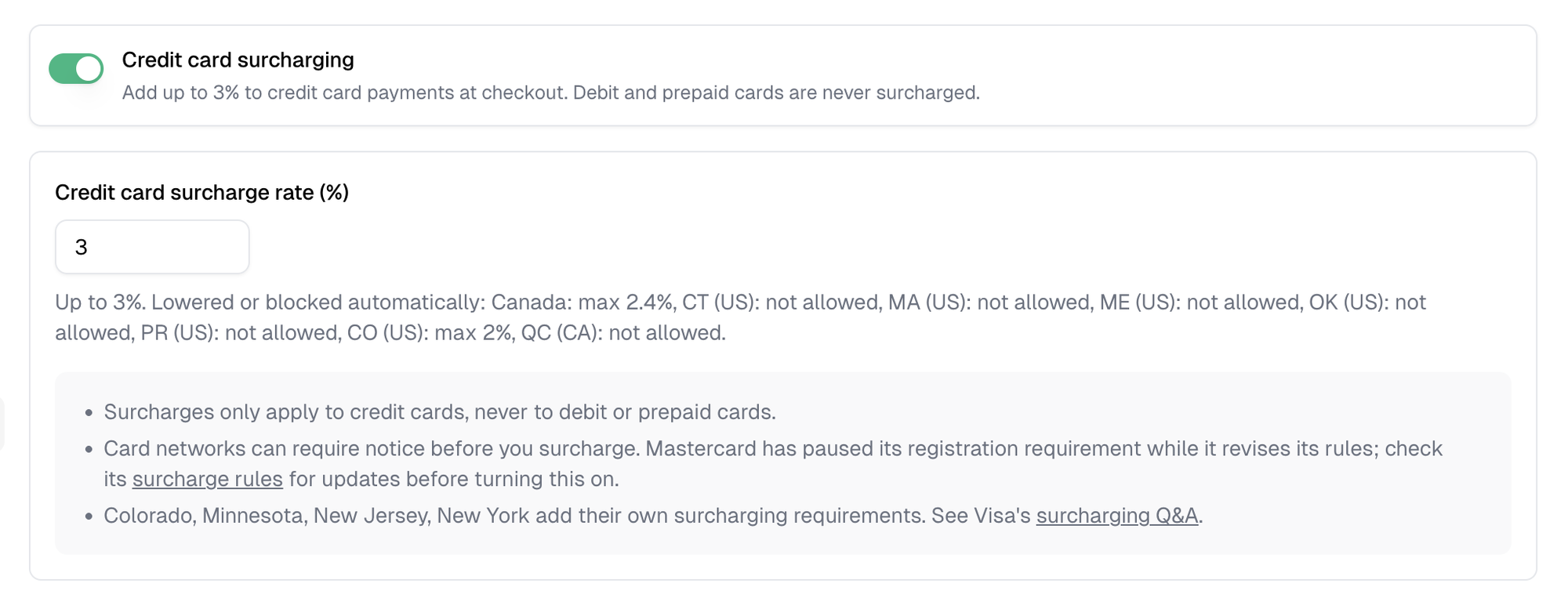 Settings › Surcharges with Credit card surcharging on and the rate set to 3
