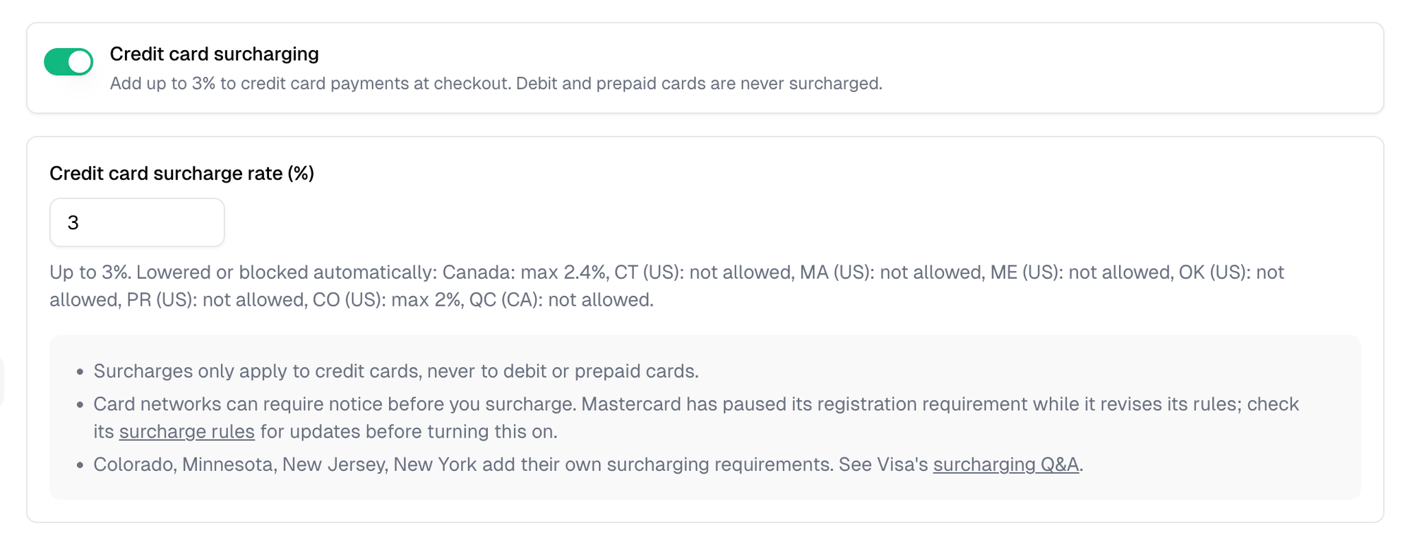 Settings › Surcharges with Credit card surcharging on and the rate set to 3