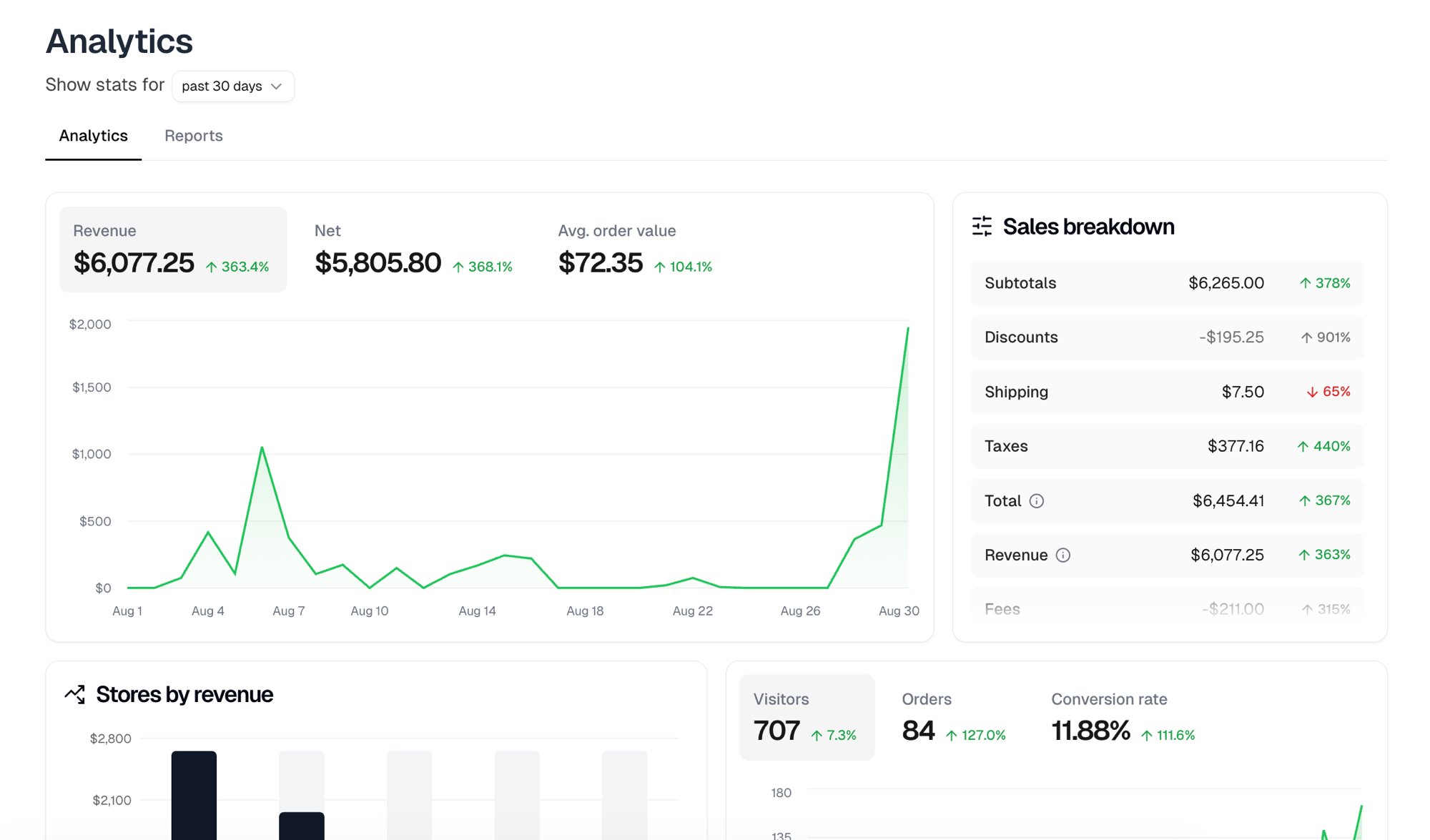 The Analytics page with the revenue card and its chart, the sales breakdown, stores by revenue and the visitors and conversion card