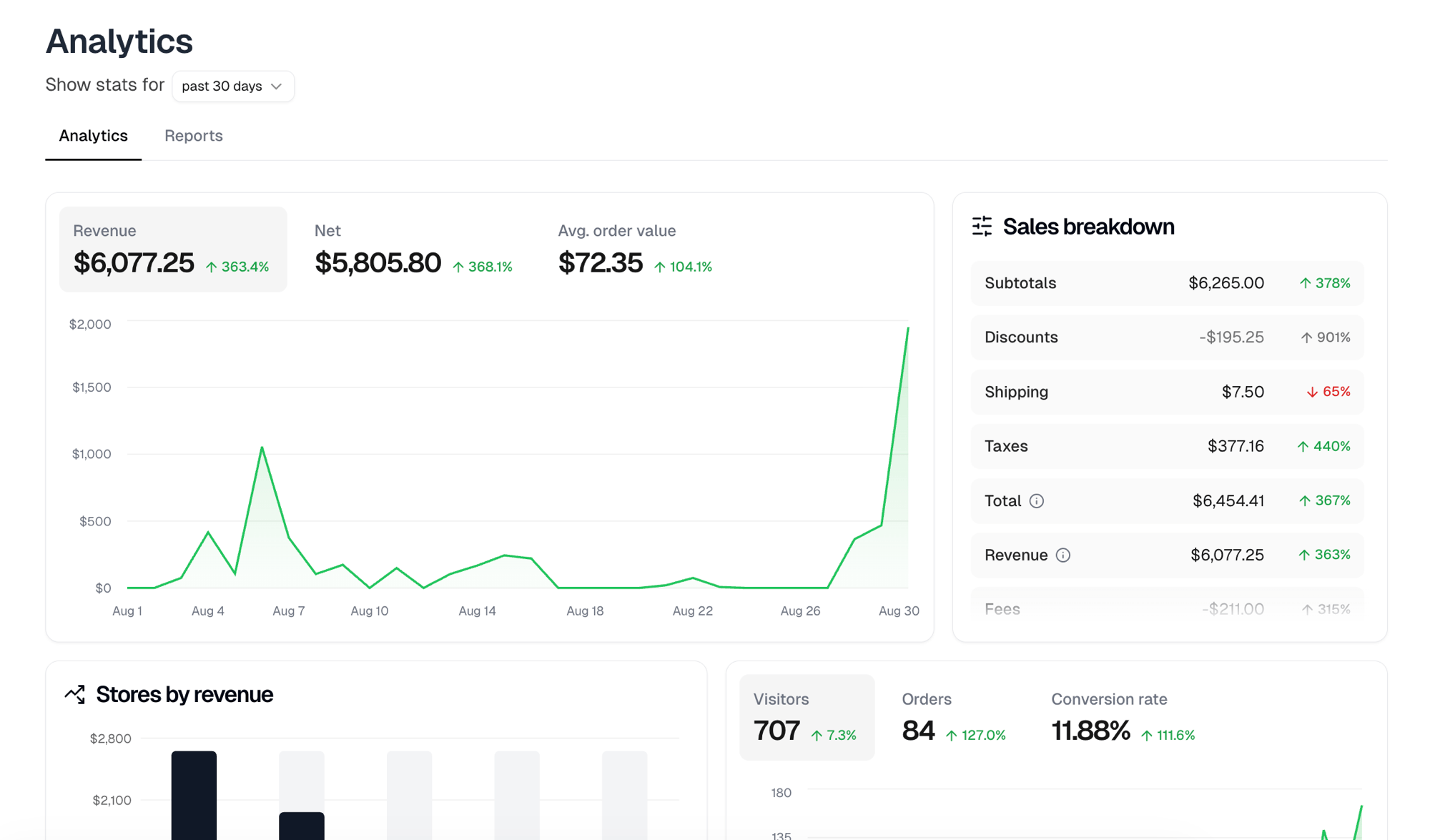 The Analytics page with the revenue card and its chart, the sales breakdown, stores by revenue and the visitors and conversion card