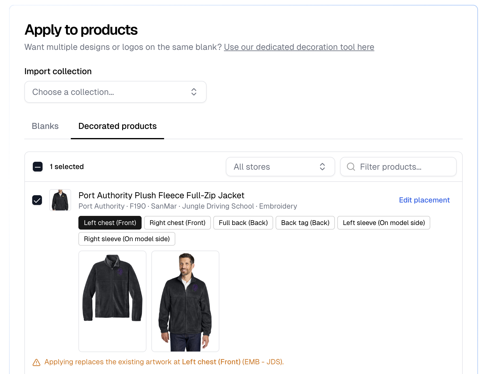 Apply to products on the Decorated products tab, with a product selected, its placements, and the warning naming the artwork that would be replaced