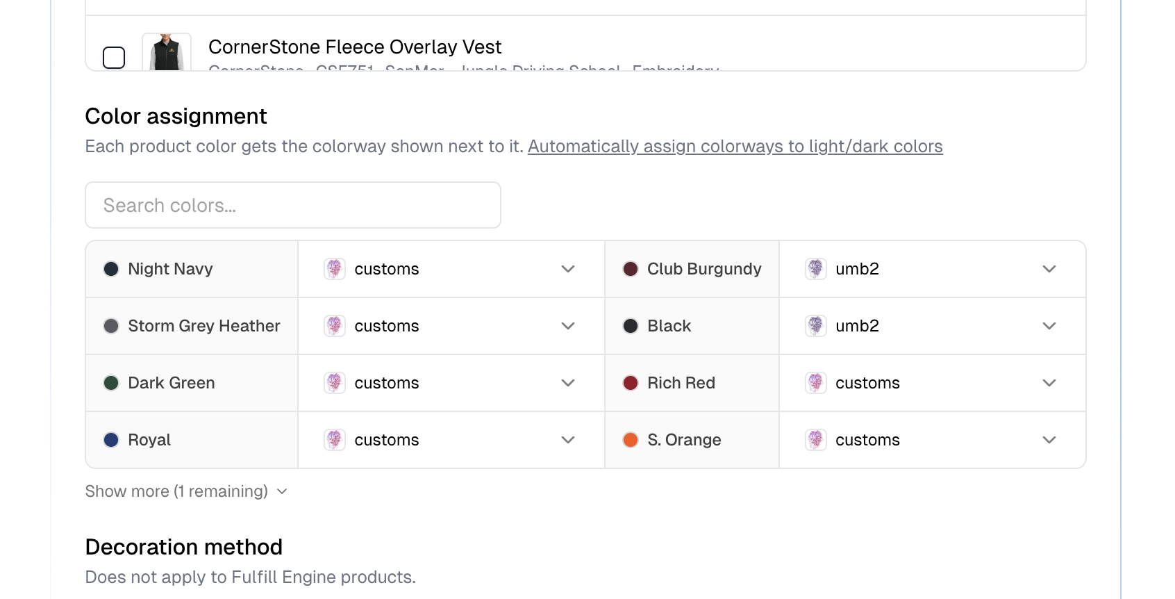 The Color assignment table, with a colorway chosen for each product color