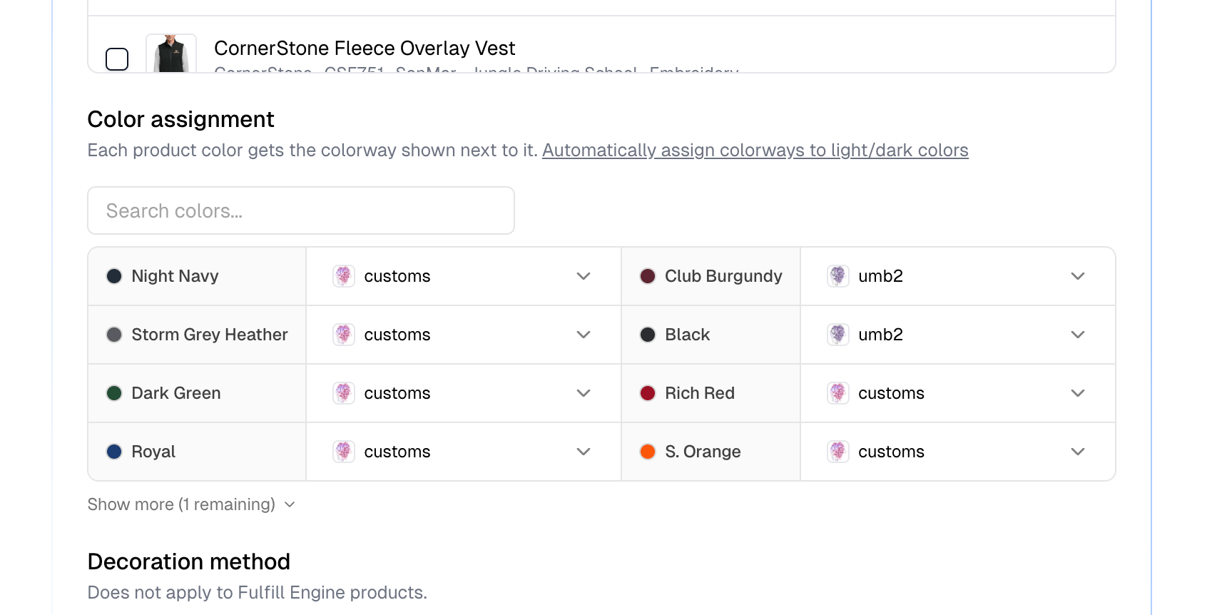 The Color assignment table, with a colorway chosen for each product color