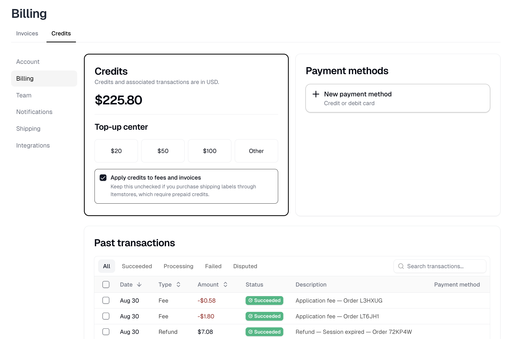 The Credits tab with the balance, the top-up center and the apply-credits checkbox