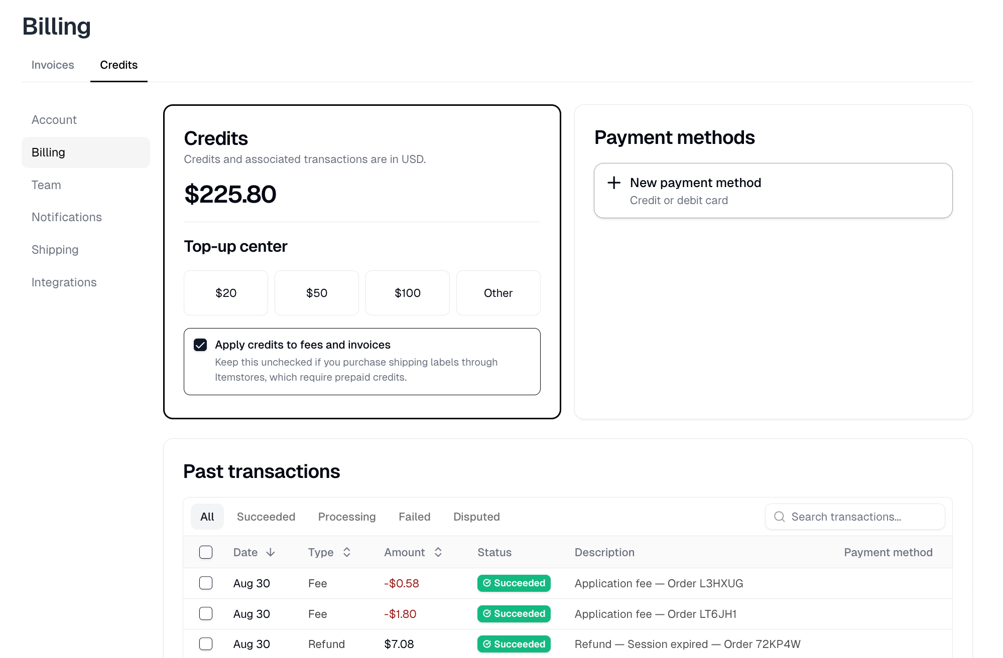 The Credits tab with the balance, the top-up center and the apply-credits checkbox