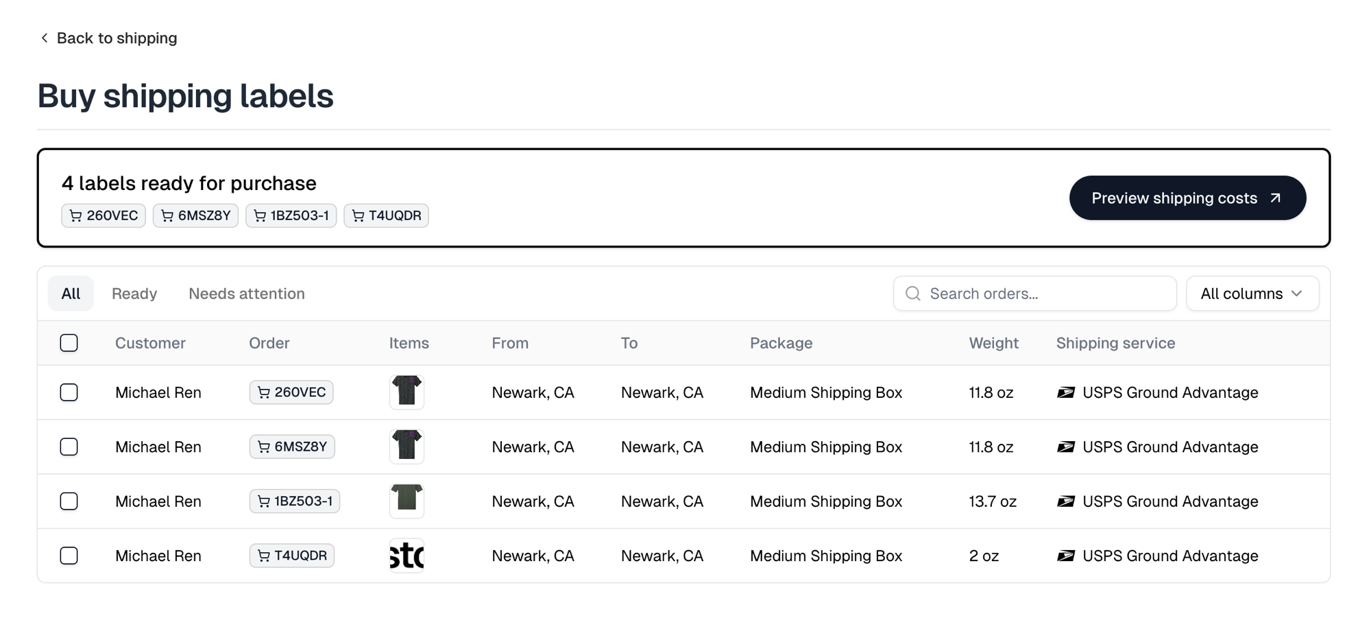 The Buy shipping labels table, with the labels ready for purchase above it and a row per order showing package, weight and service