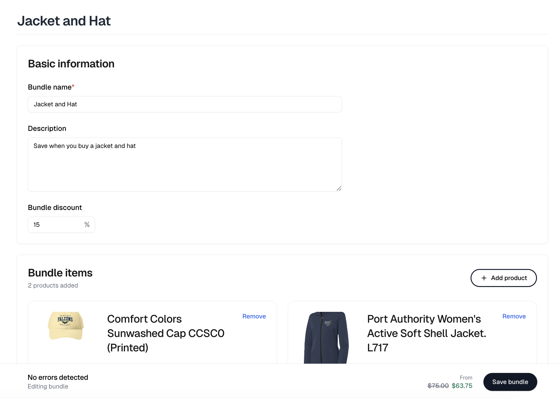 The bundle form with its name, description and discount above the bundle items