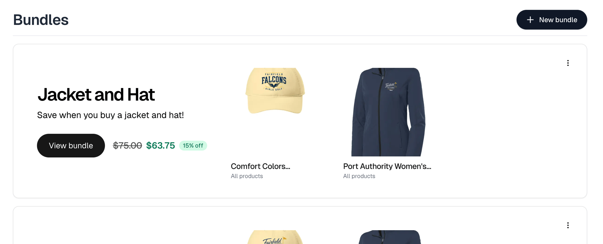 The Bundles page for a store, with a bundle card showing its discount and the products in it
