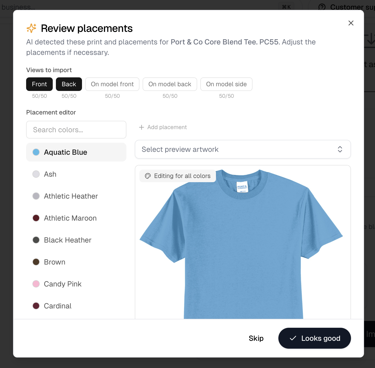 The Review placements dialog with its views to import, the color list, and the garment preview