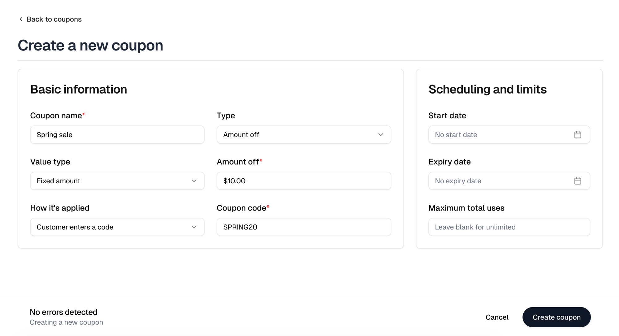 The Create a new coupon form, with the type, value and code fields on the left and scheduling and limits on the right