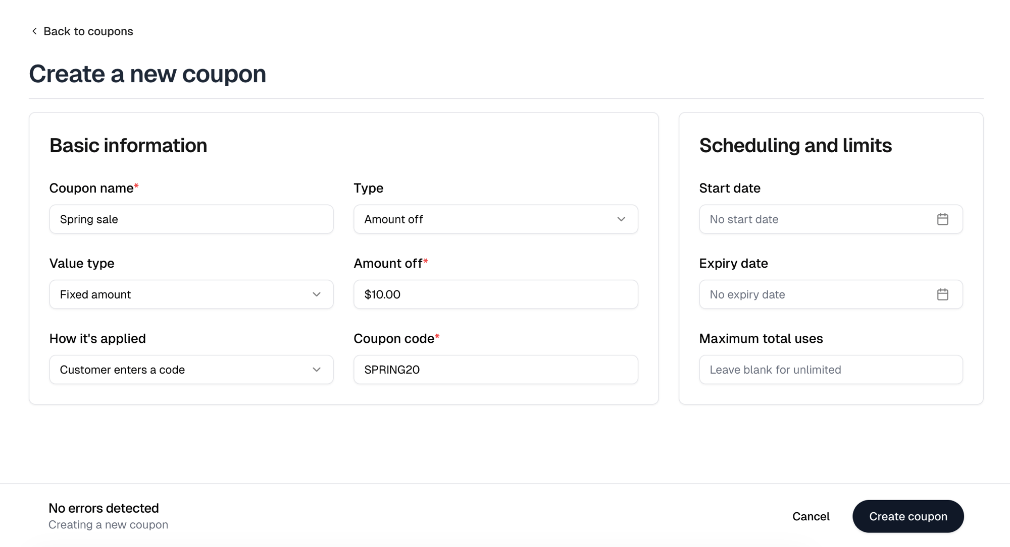 The Create a new coupon form, with the type, value and code fields on the left and scheduling and limits on the right