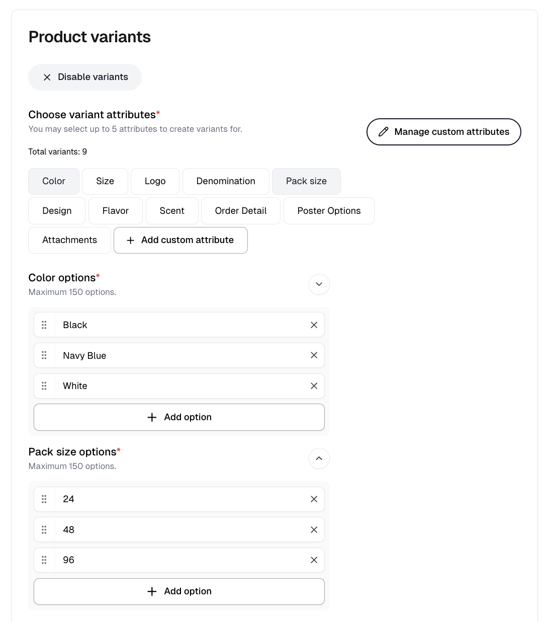 A custom product's variant attributes with color and pack size selected, each listing its own options