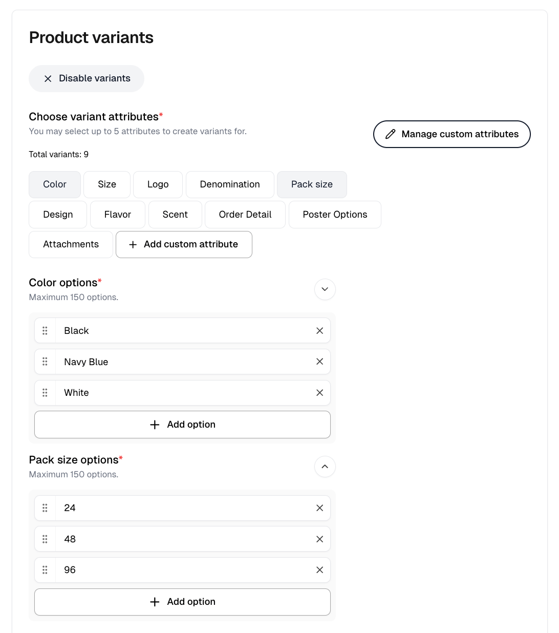 A custom product's variant attributes with color and pack size selected, each listing its own options