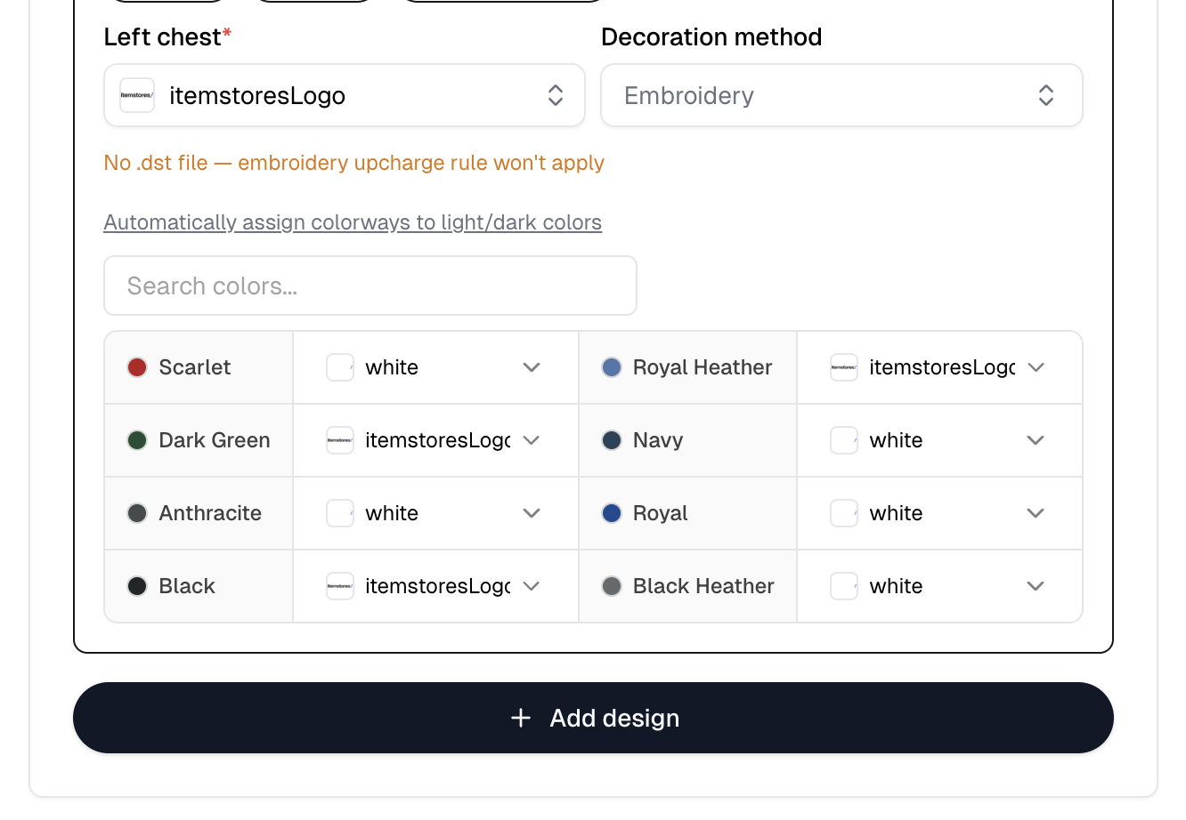 The colorway table with a colorway chosen per product color, and the automatic assignment link above it