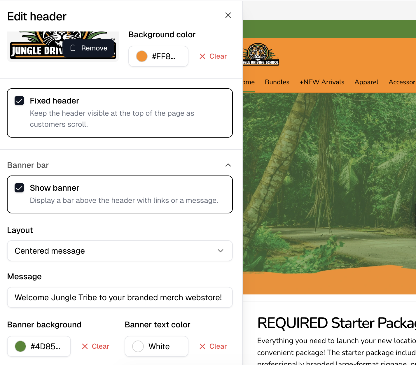 The Edit header panel with Fixed header checked and the Banner bar expanded on its layout, message and colors