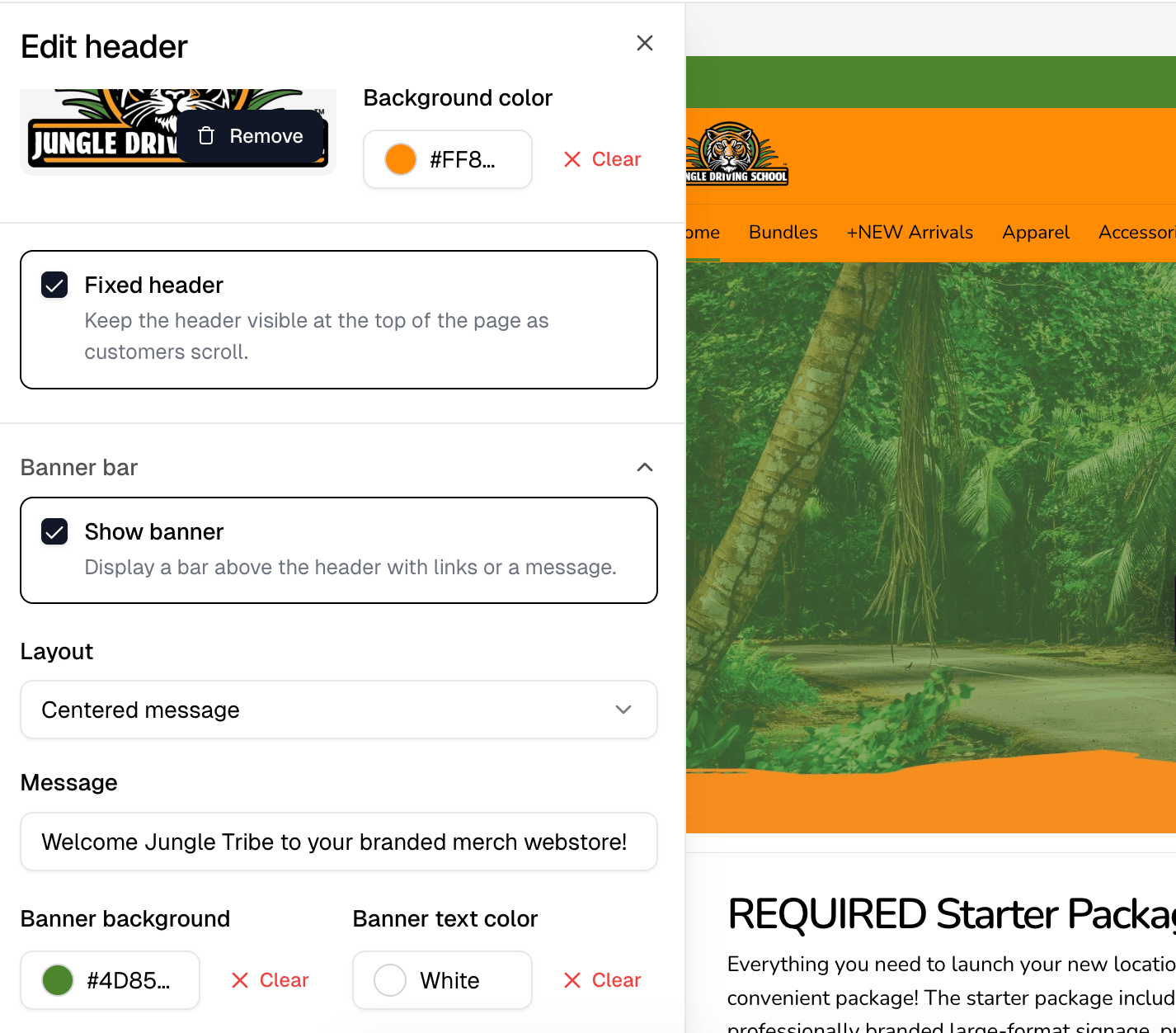 The Edit header panel with Fixed header checked and the Banner bar expanded on its layout, message and colors