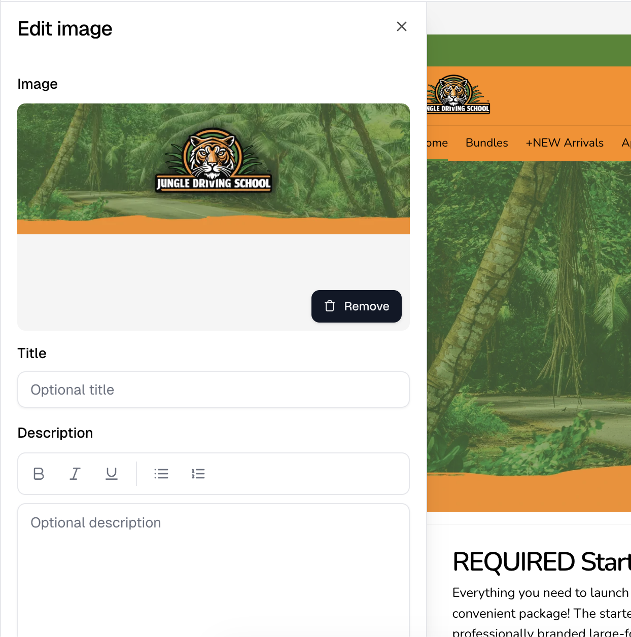 An image section's edit panel, with its image, title and the rich text description toolbar