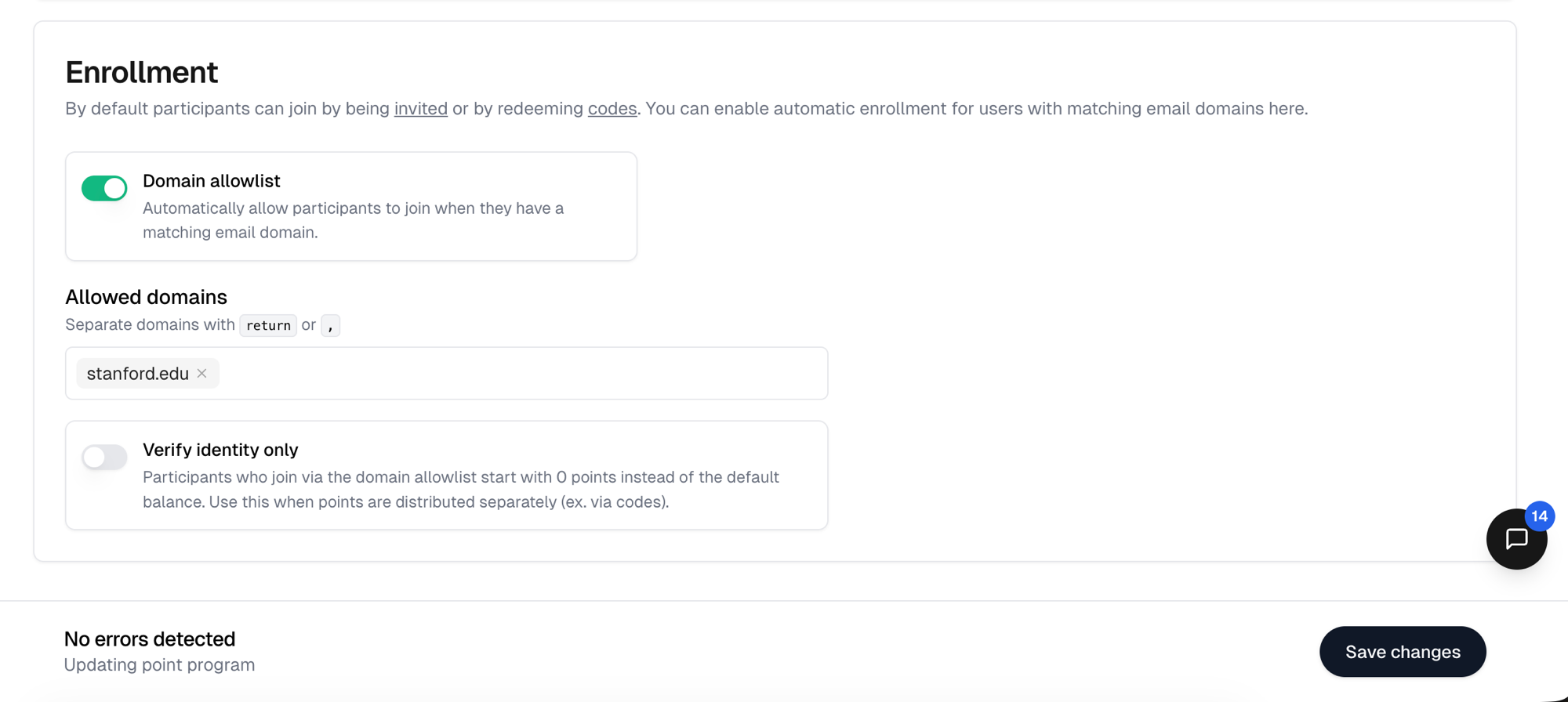 The Enrollment section with the domain allowlist on, a domain entered, and Verify identity only below it