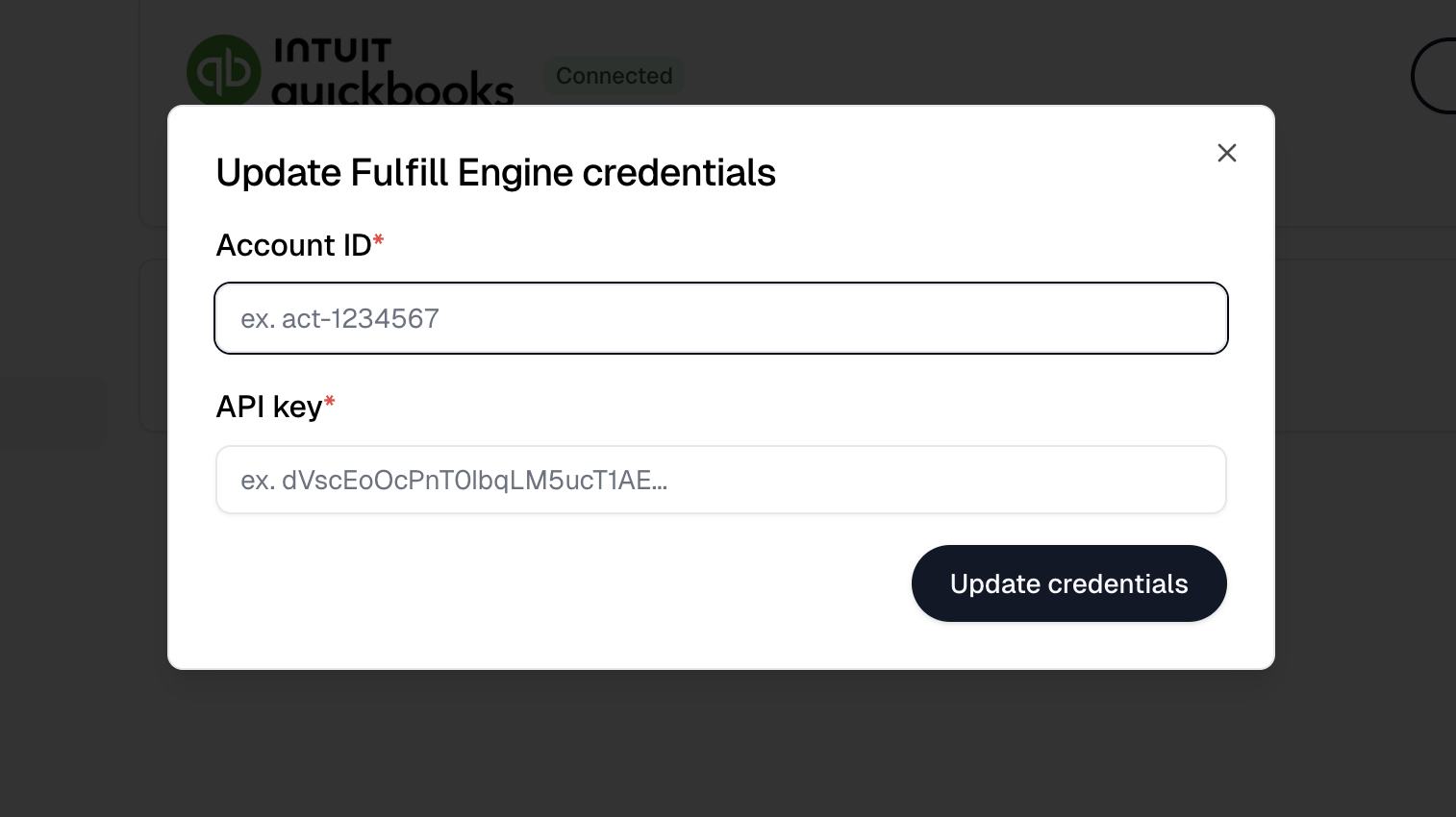 The Fulfill Engine credentials dialog with its account ID and API key fields