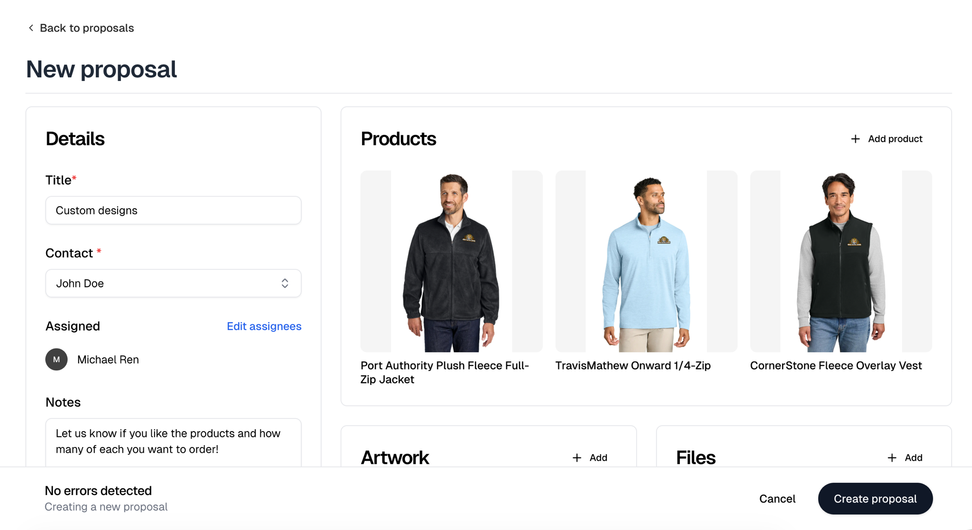 The New proposal form, with its details and notes on the left and the products, artwork and files panels on the right