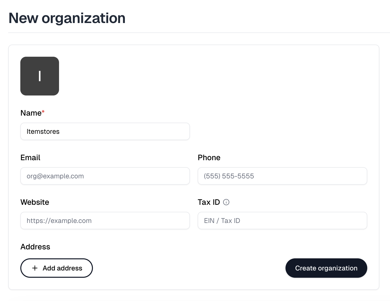 The New organization form, with name, contact details, website and the Tax ID field