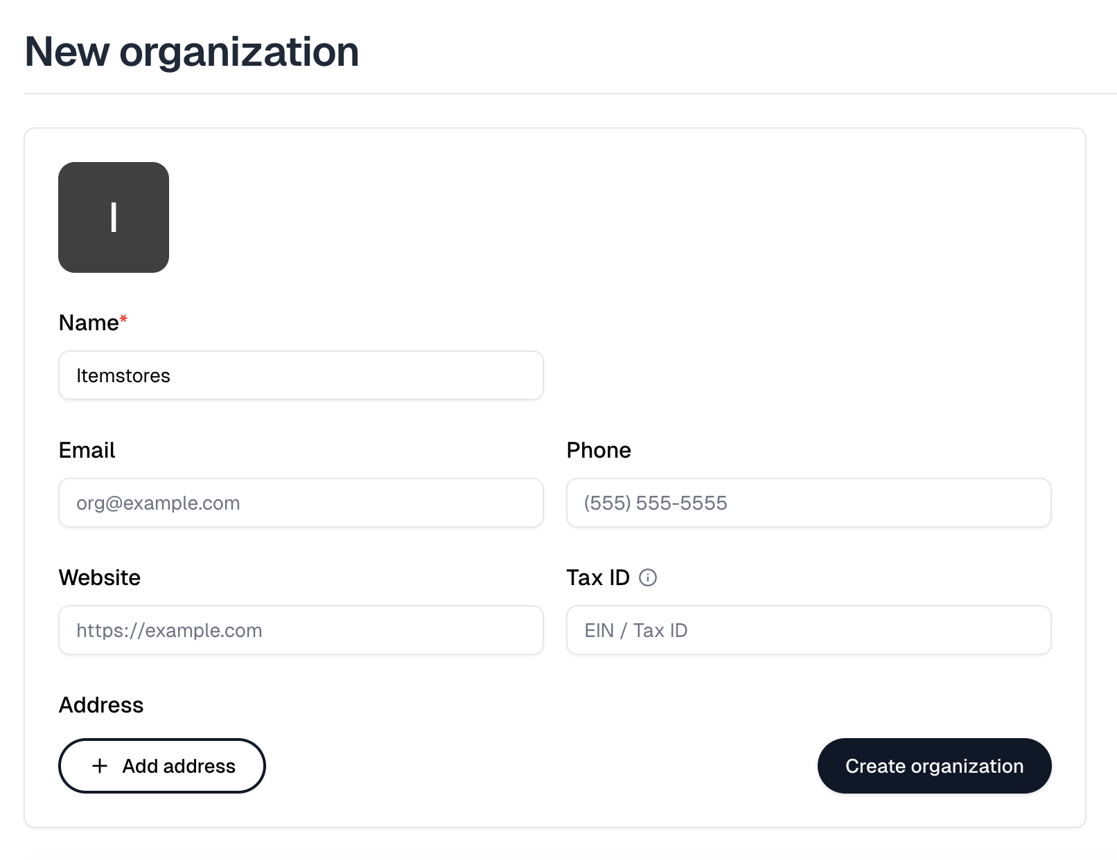 The New organization form, with name, contact details, website and the Tax ID field