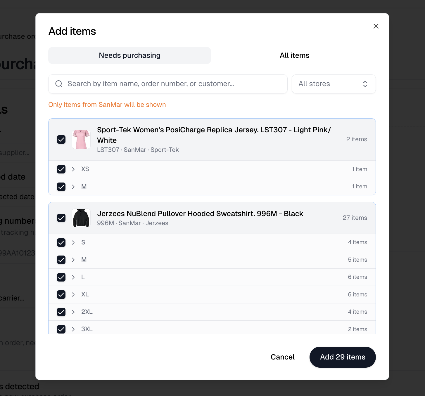 The Add items dialog on the Needs purchasing tab, with items grouped by product and a row per size