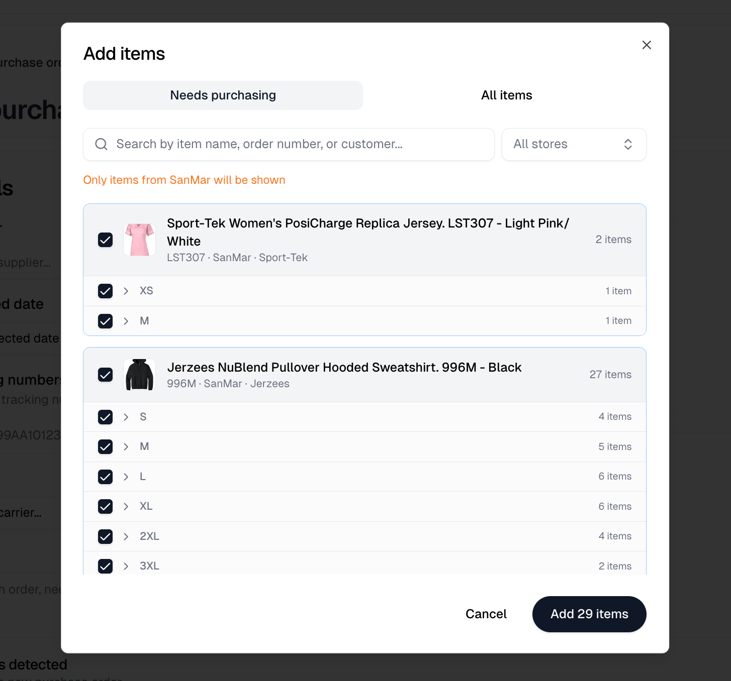 The Add items dialog on the Needs purchasing tab, with items grouped by product and a row per size