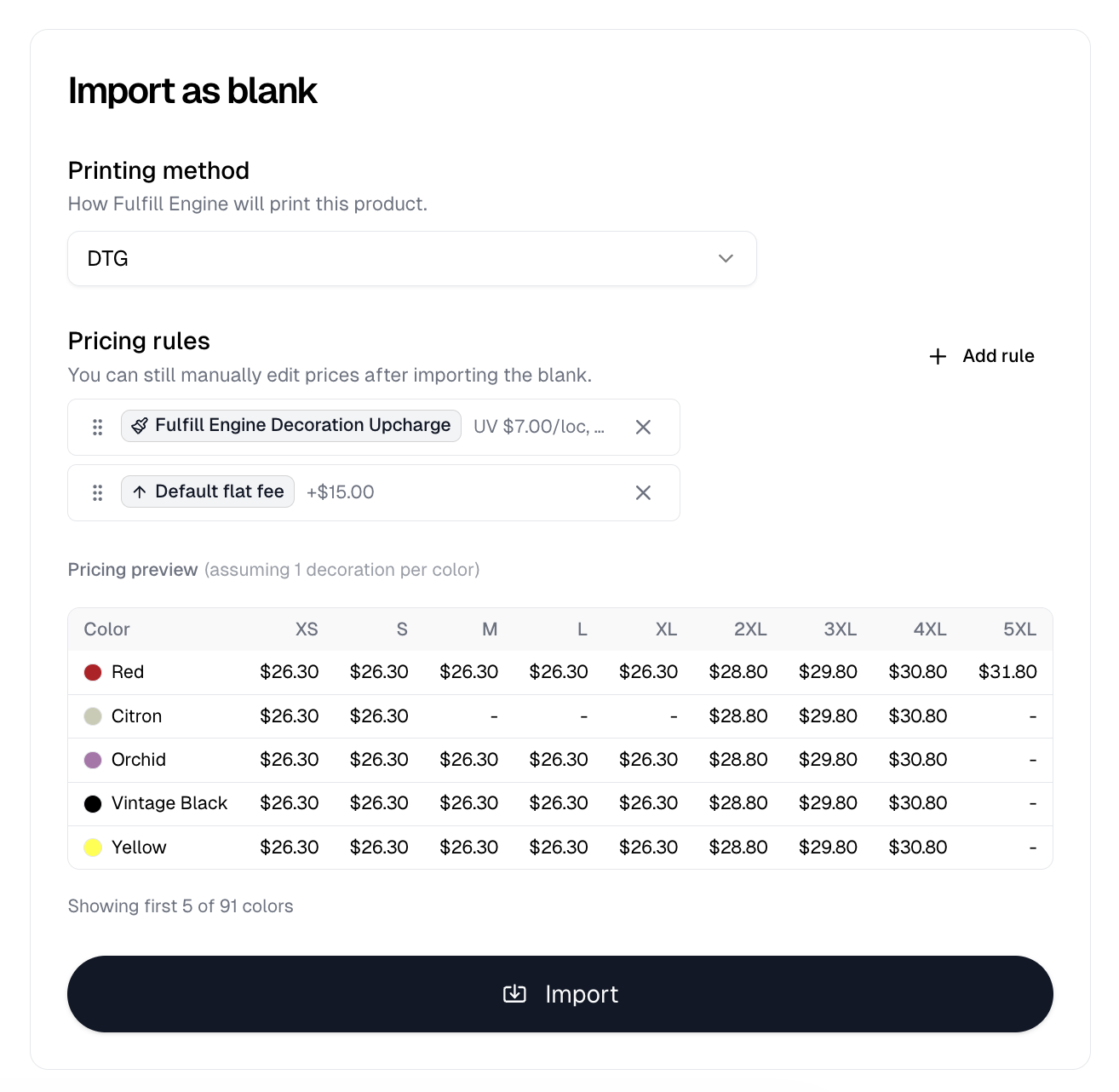 The Import as blank panel with a printing method, two pricing rules and the pricing preview table