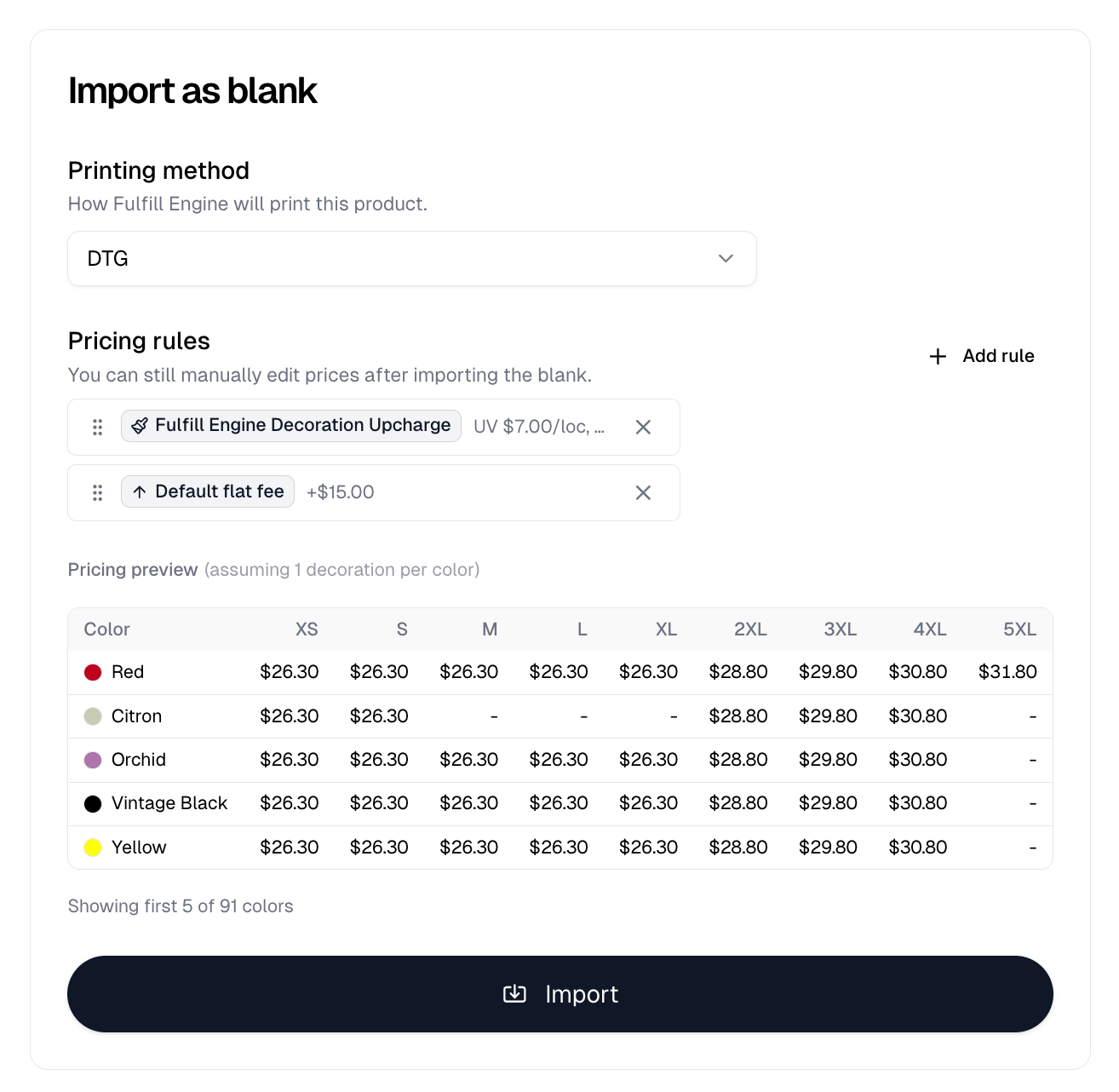 The Import as blank panel with a printing method, two pricing rules and the pricing preview table