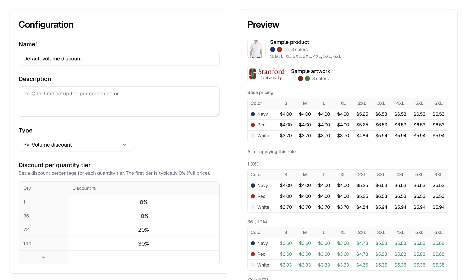 A volume discount rule with its quantity tiers beside a preview pricing each tier separately