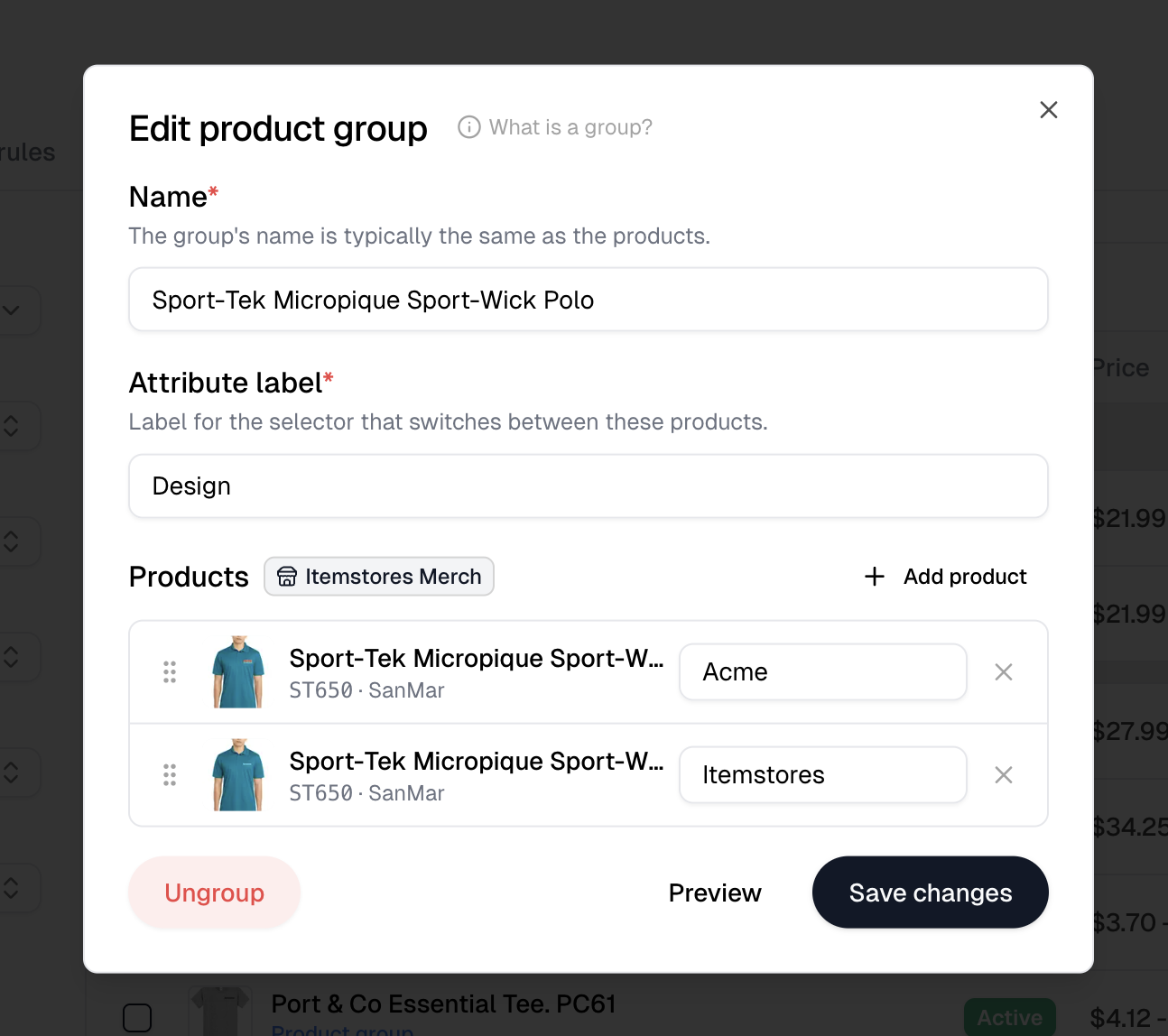 The product group dialog with its name, attribute label, and each member product carrying its own selector label