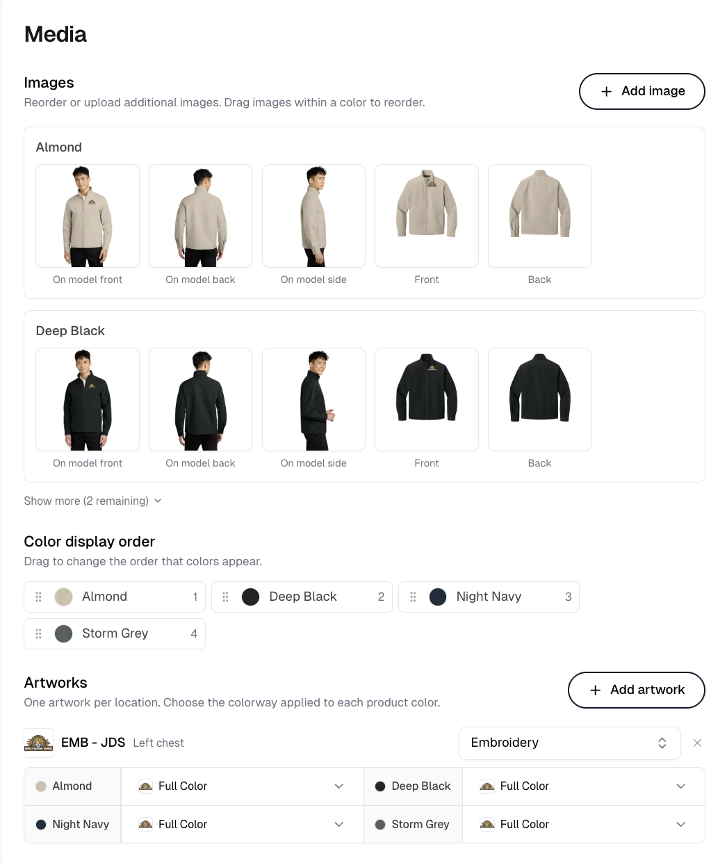 The Media tab with images grouped by color, the color display order, and a colorway picker per product color