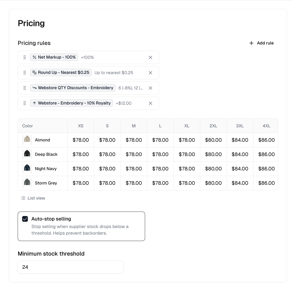 The Pricing tab with its stacked rules, the color and size price grid, and the auto-stop selling threshold