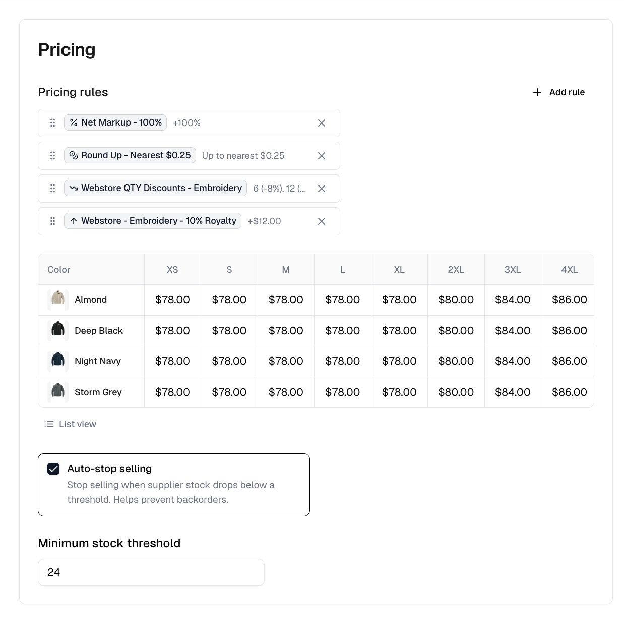 The Pricing tab with its stacked rules, the color and size price grid, and the auto-stop selling threshold
