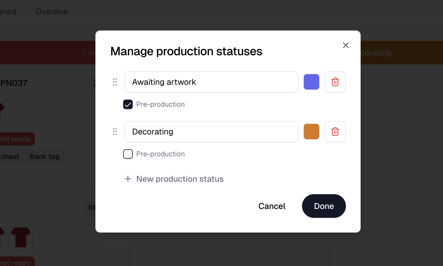The Manage production statuses dialog, with a drag handle, color swatch and Pre-production checkbox on each status