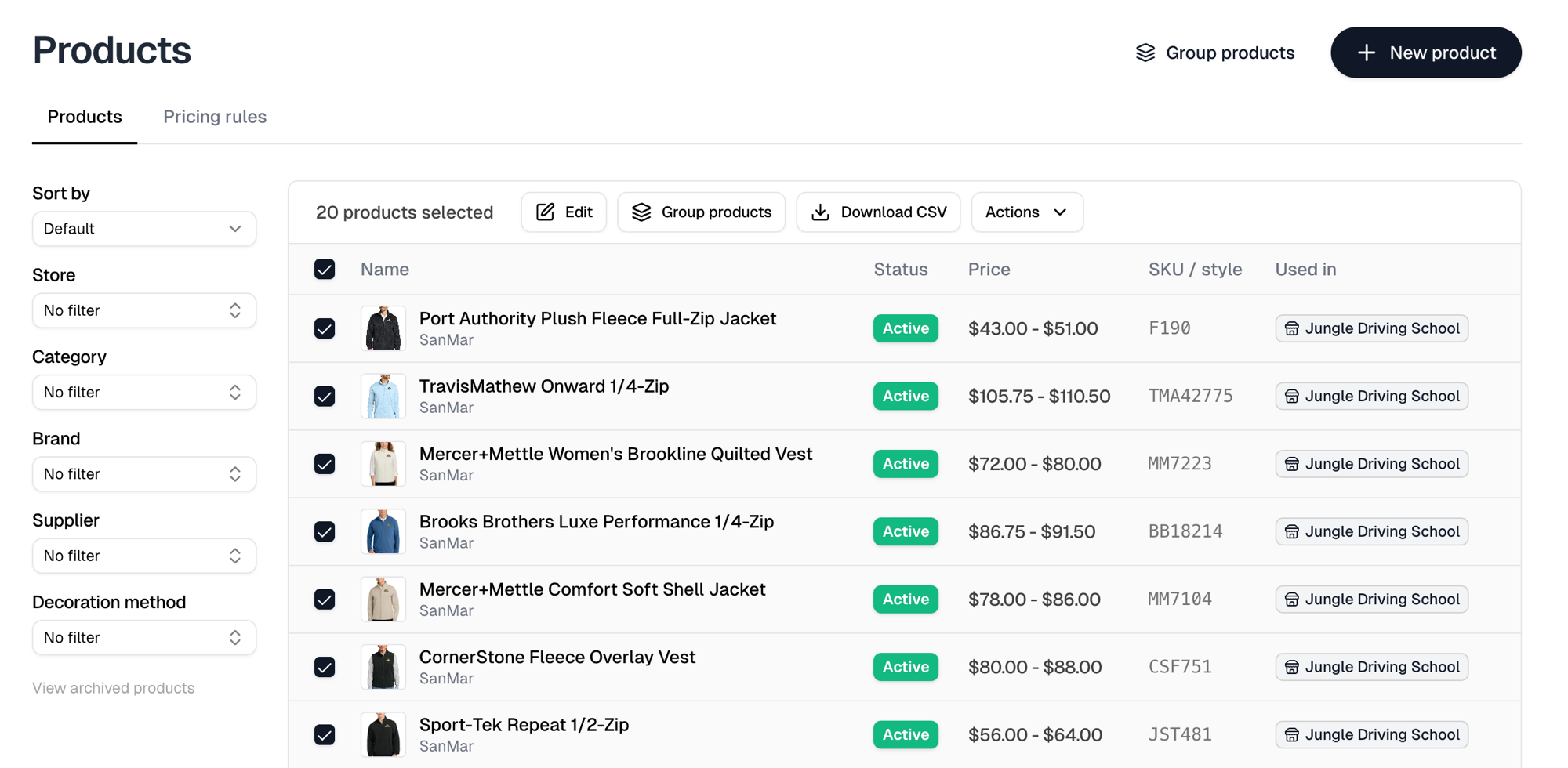 The Products list with rows selected, showing the bulk toolbar above the table