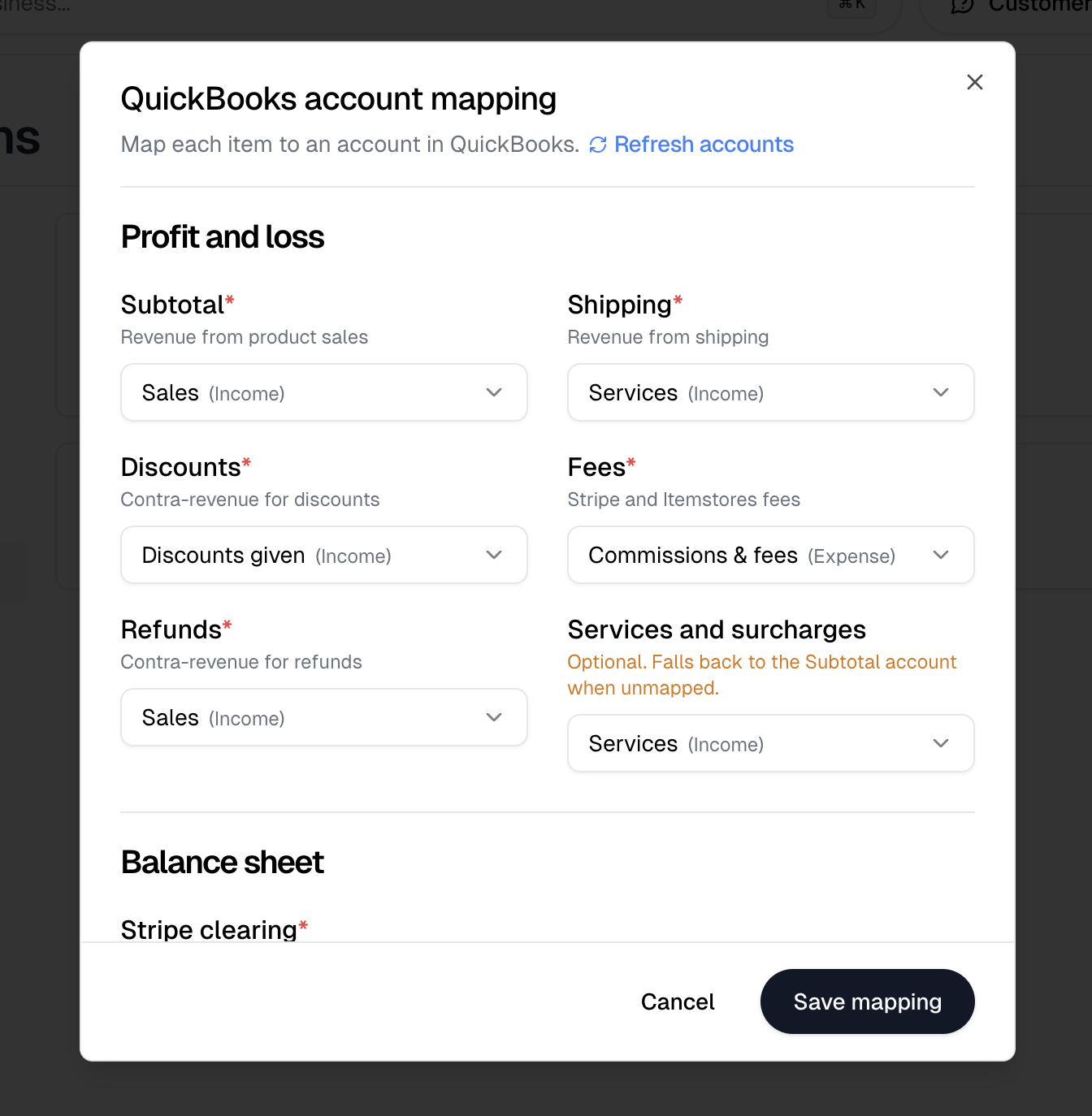 The QuickBooks account mapping dialog, with the profit and loss accounts above the balance sheet