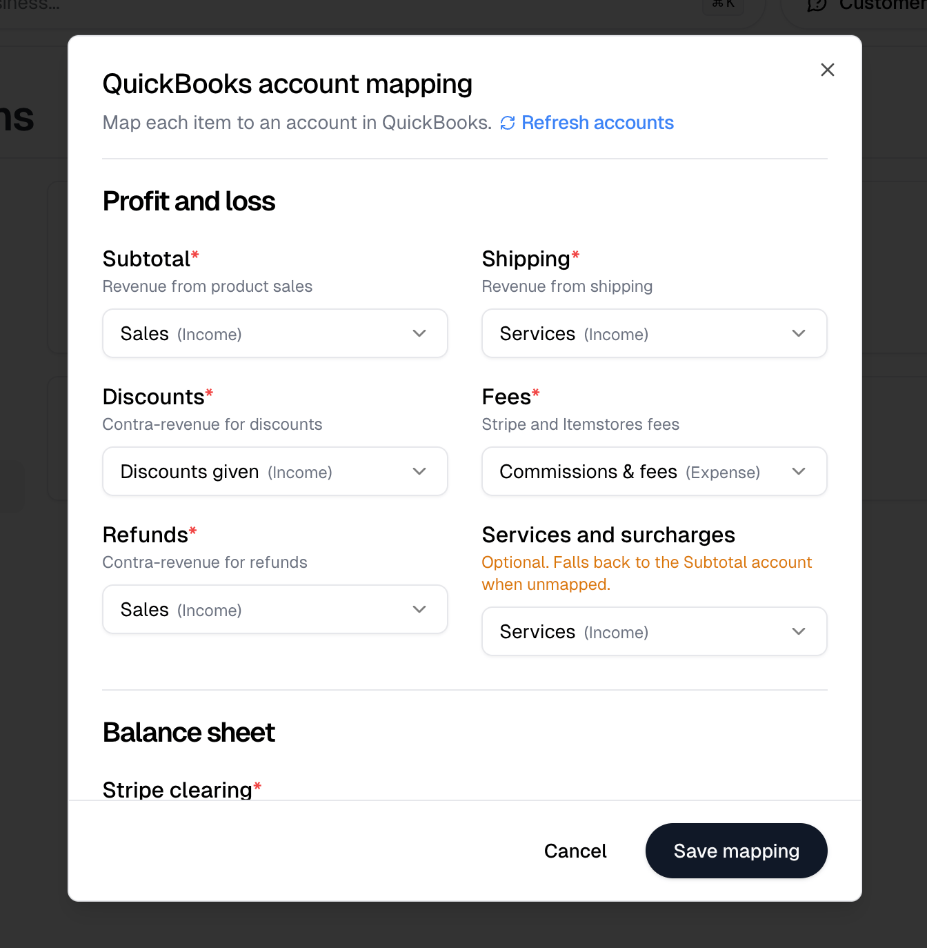 The QuickBooks account mapping dialog, with the profit and loss accounts above the balance sheet