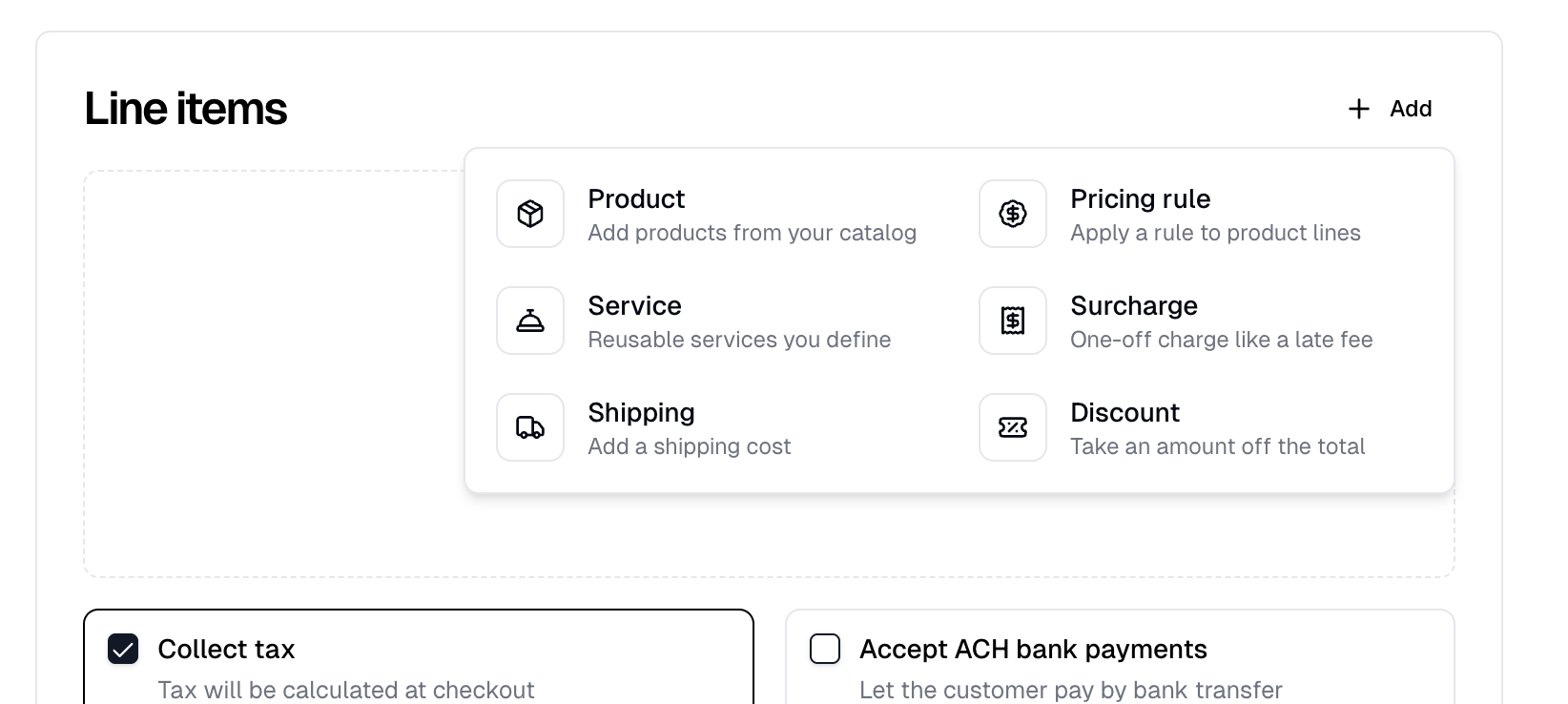 The Add menu on a quote, listing the six kinds of line with a description each