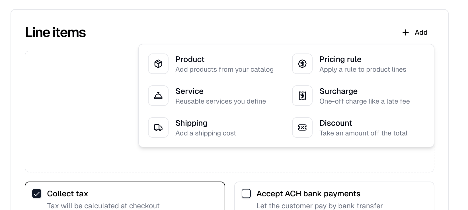 The Add menu on a quote, listing the six kinds of line with a description each