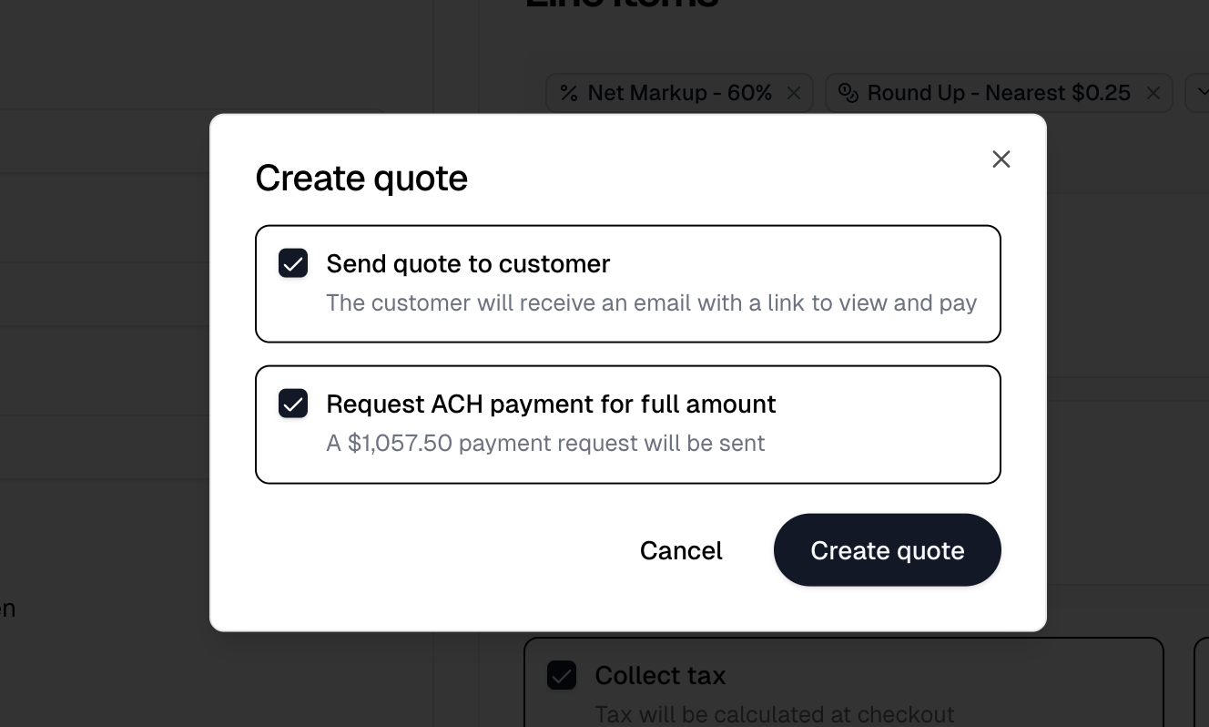 The Create quote dialog, with the send option checked and the payment request naming the amount