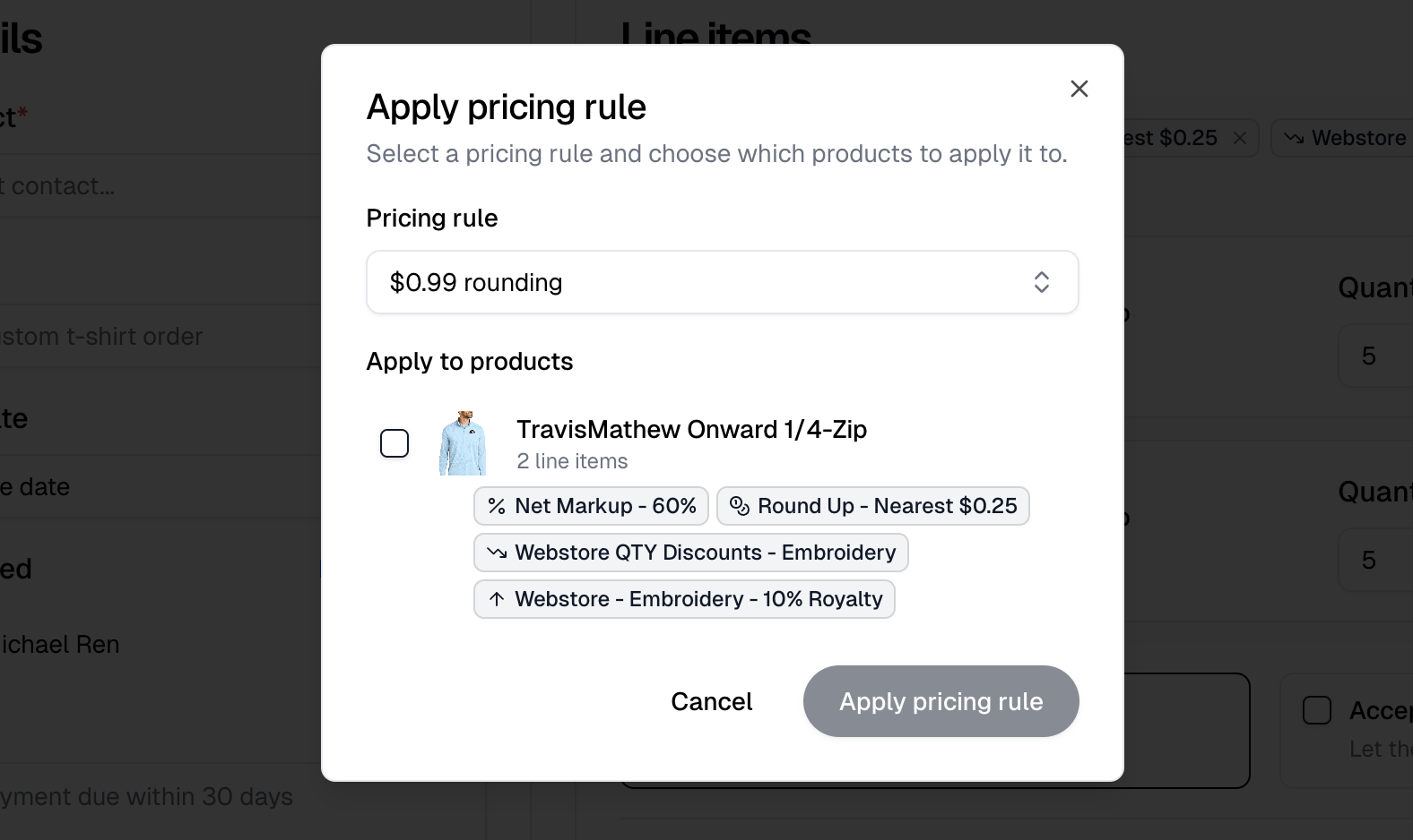 The Apply pricing rule dialog with a rule chosen and a product showing its line count and existing rules