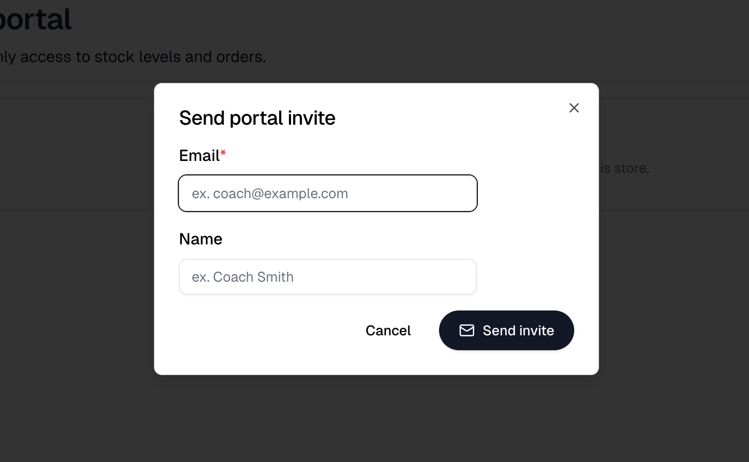 The Send portal invite dialog with its required email field and optional name field