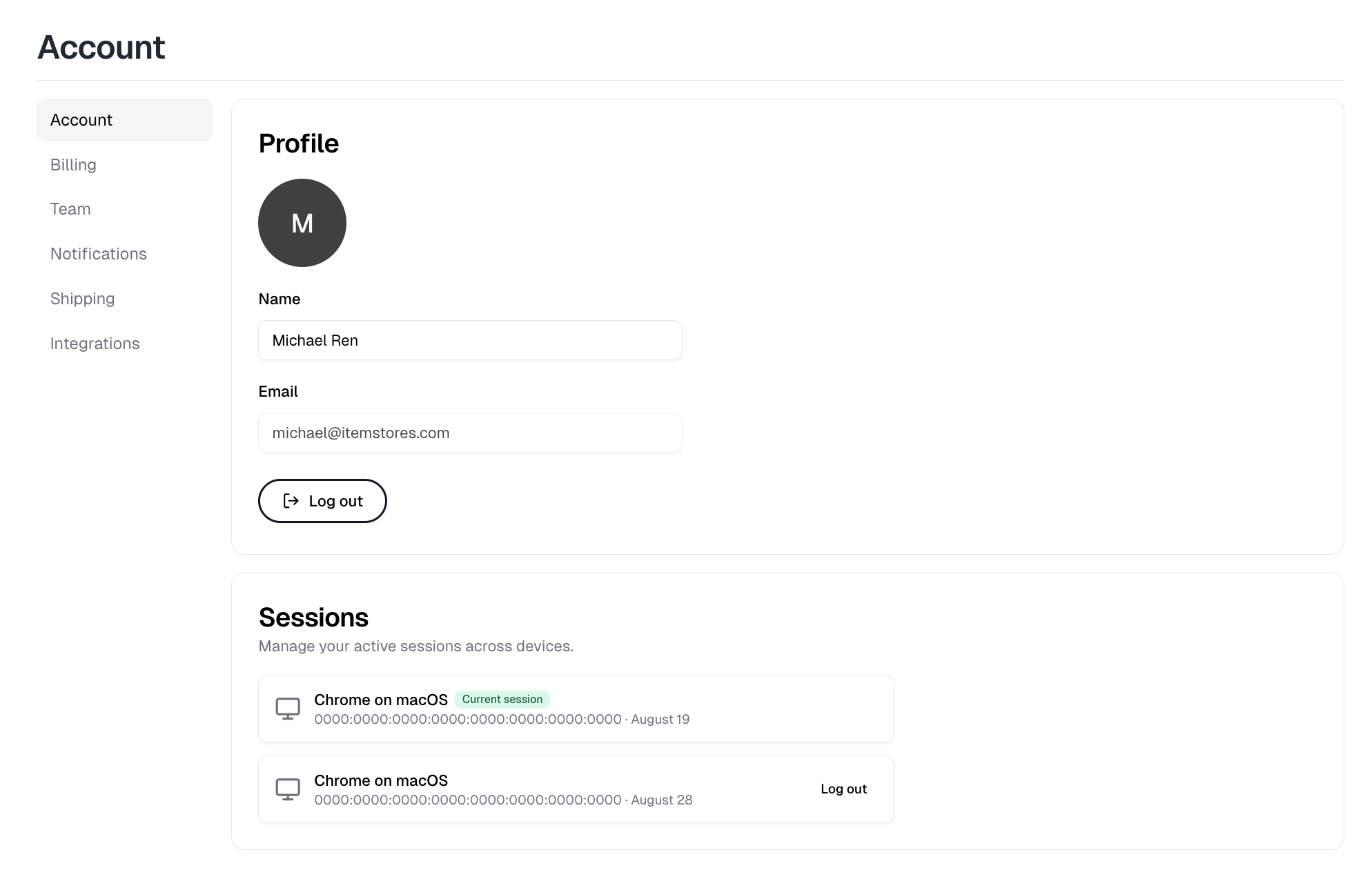 Settings, Account, with the profile fields above the list of active sessions