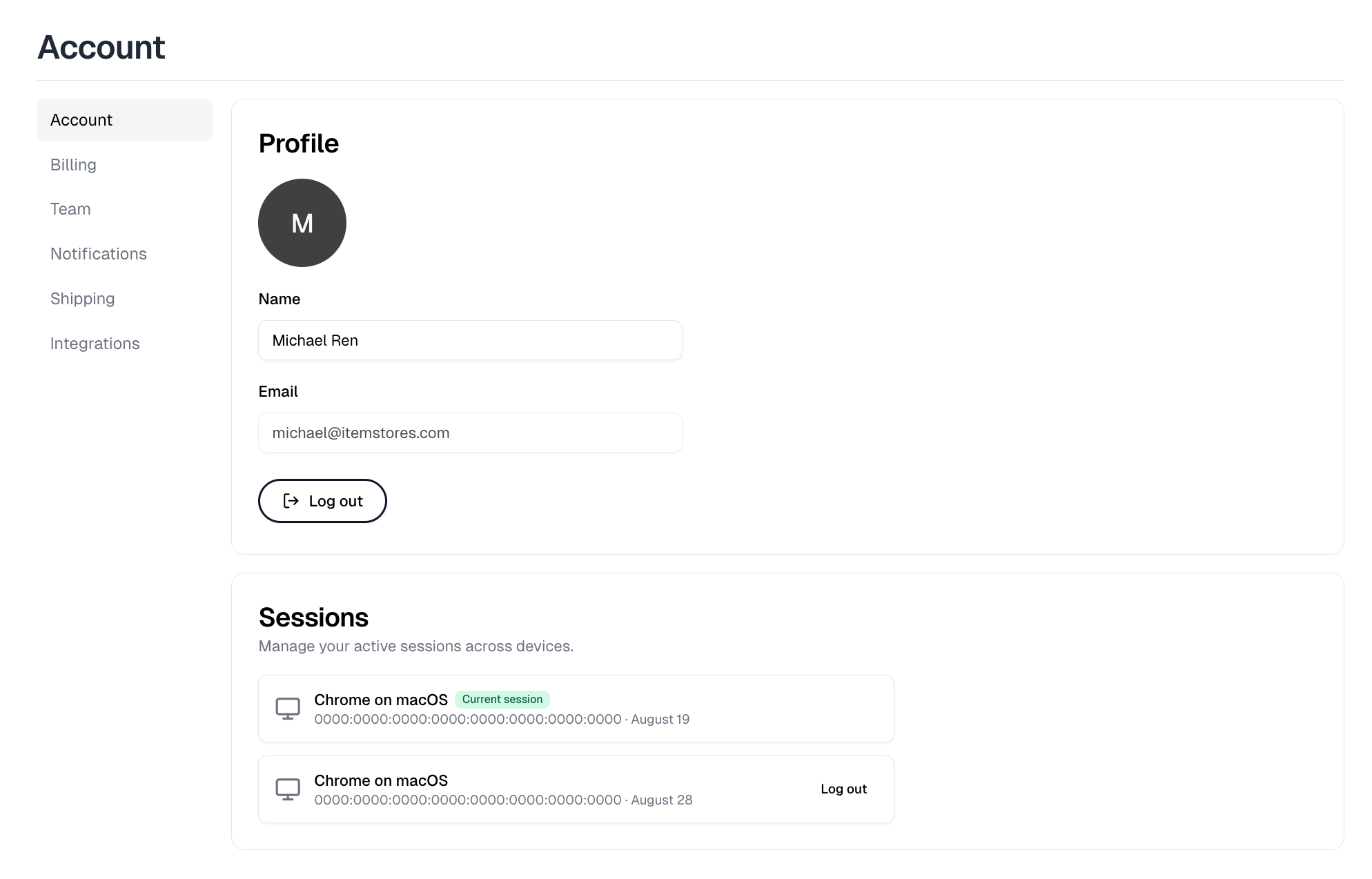 Settings, Account, with the profile fields above the list of active sessions