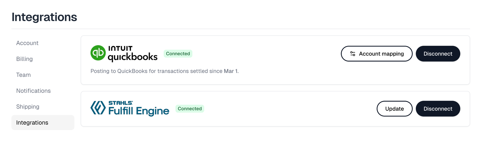 Settings, Integrations, with both cards showing their connected state and actions